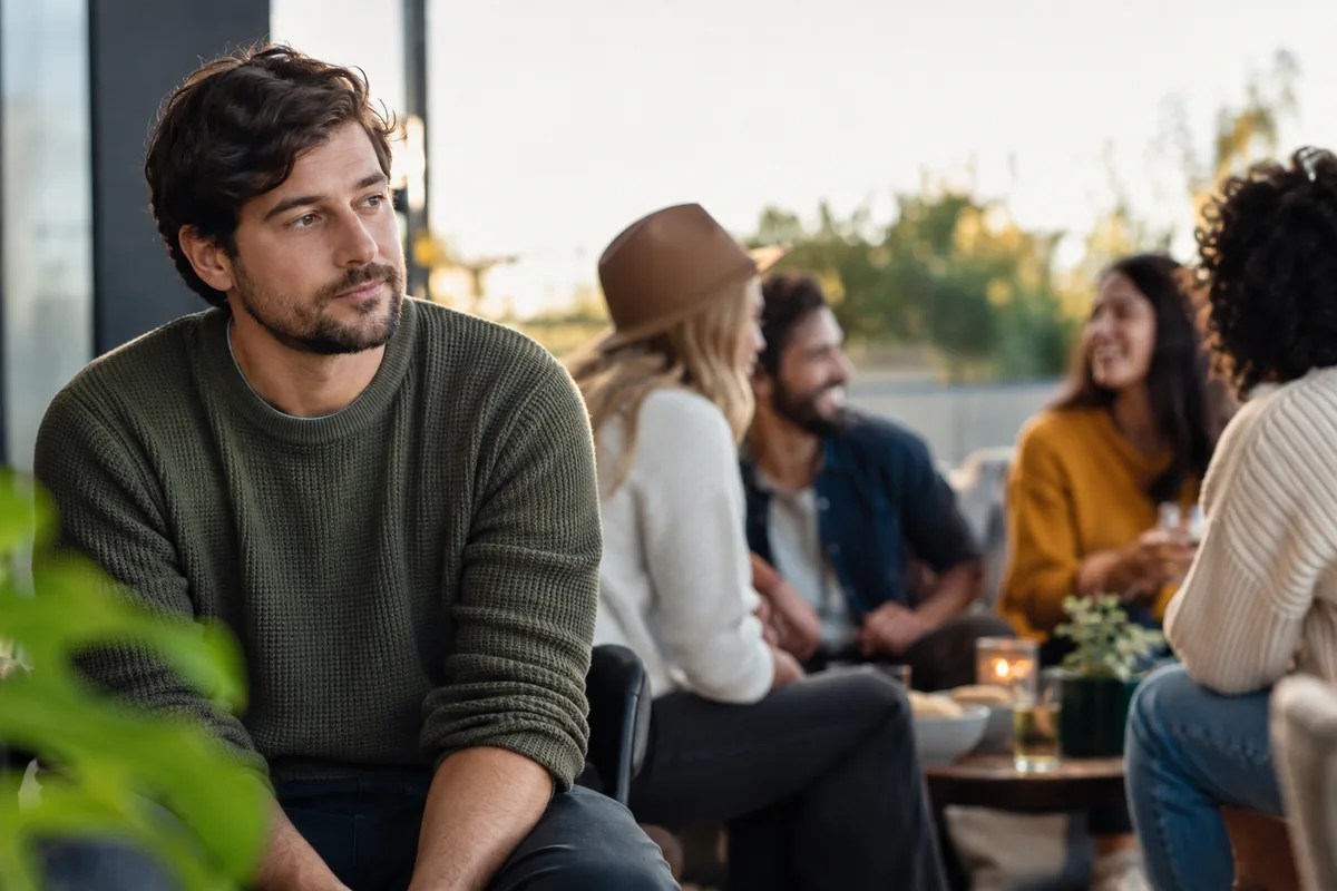Adult sitting slightly apart at a casual social gathering and wondering whether they shared too much