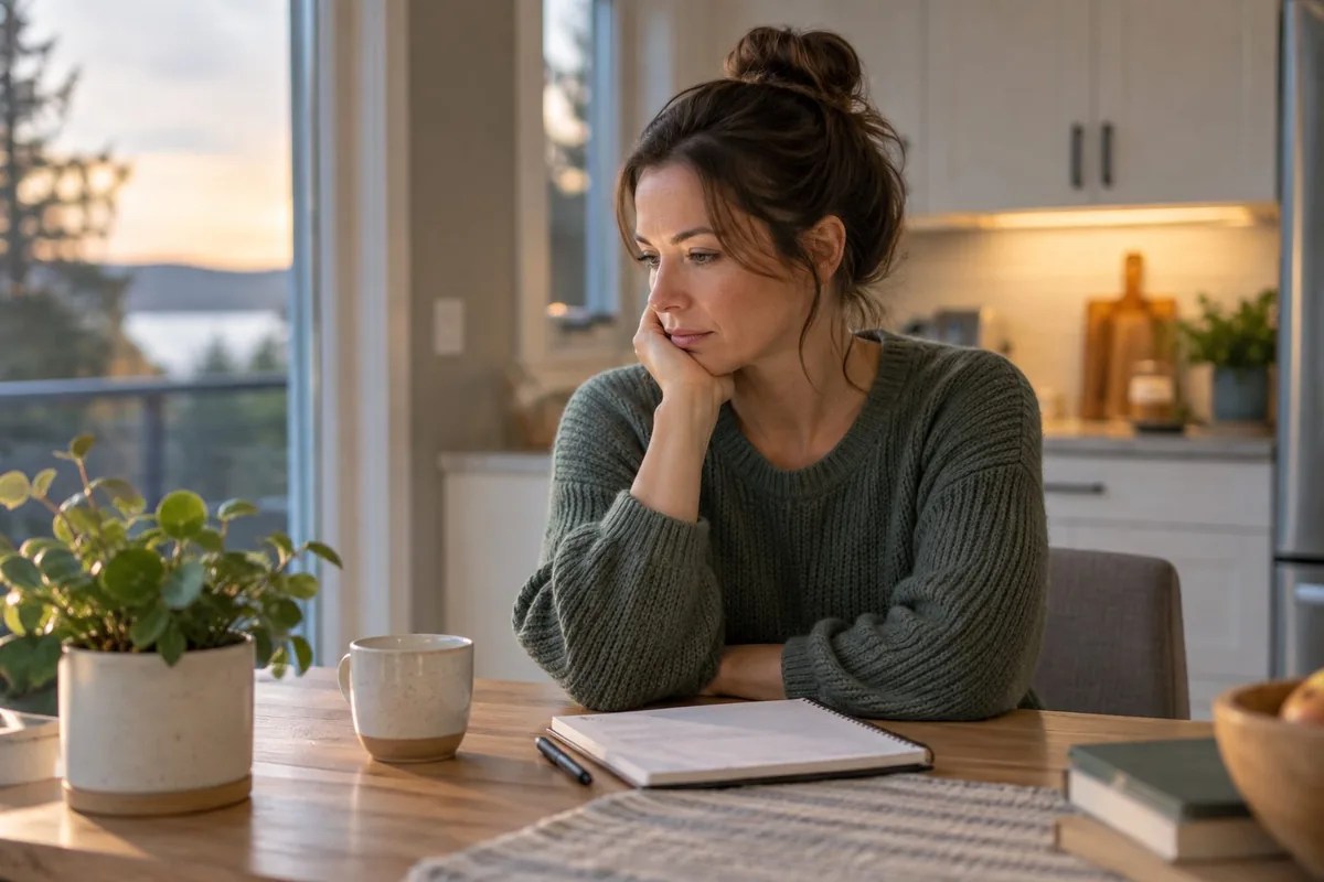 Woman sitting thoughtfully at a kitchen table with an open notebook while reflecting on a problem