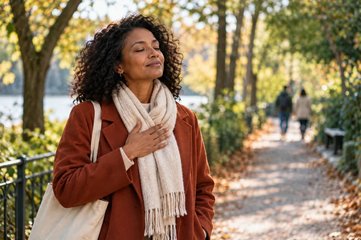 Woman pausing for a quiet breath on an autumn park path, with one hand resting on her chest.