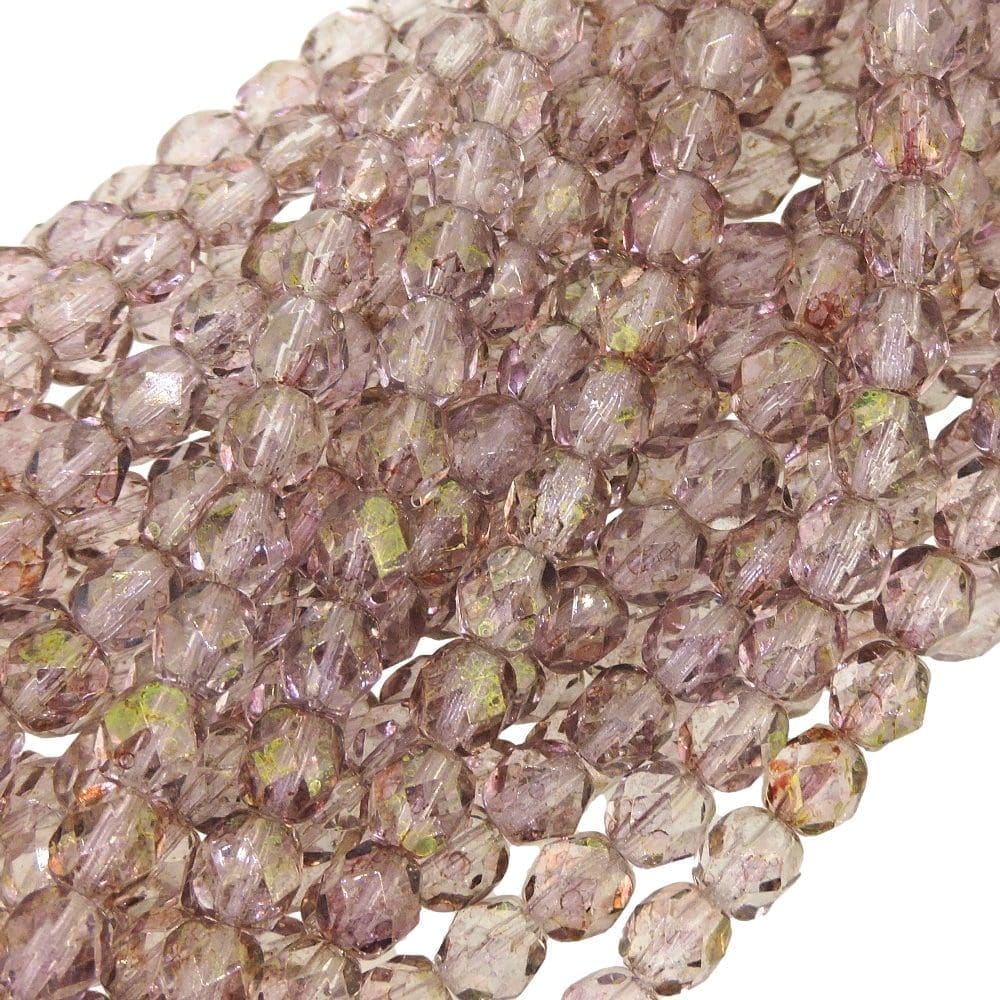 Fire Polished Faceted 6mm Round Beads 6"str - Lustr Topaz / Pink