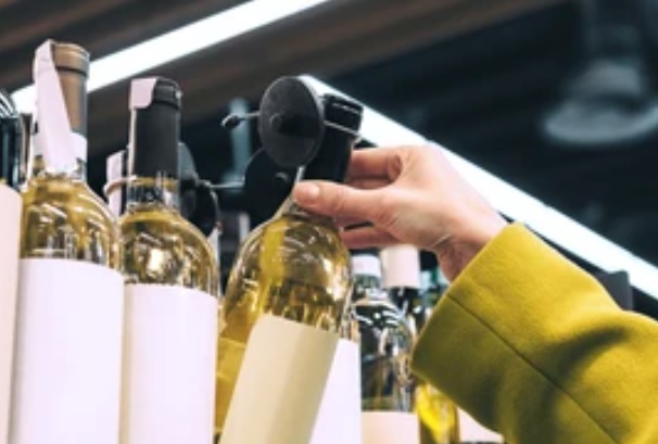 FOTO MANO DE MUJER COGIENDO UNA BOTELLA DE VINO DE OFERTA DE UN LINEAL DE UNA TIENDA