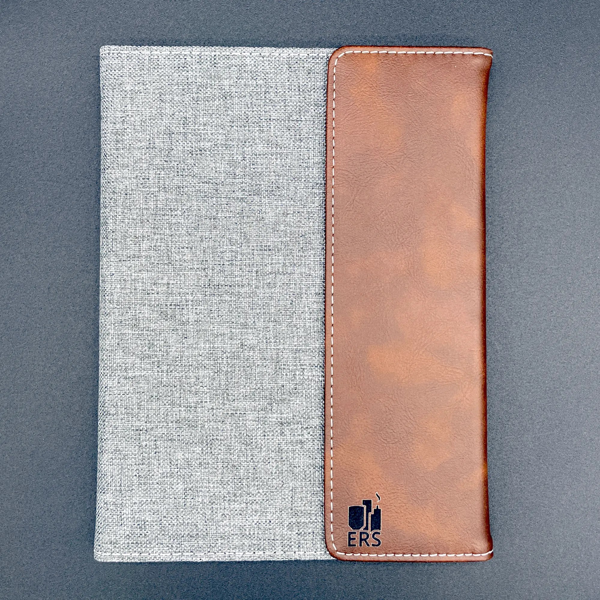 Custom Engraved NotePad, 7"x9" Rustic Brown/Silver Leatherette, Gray Canvas Portfolio