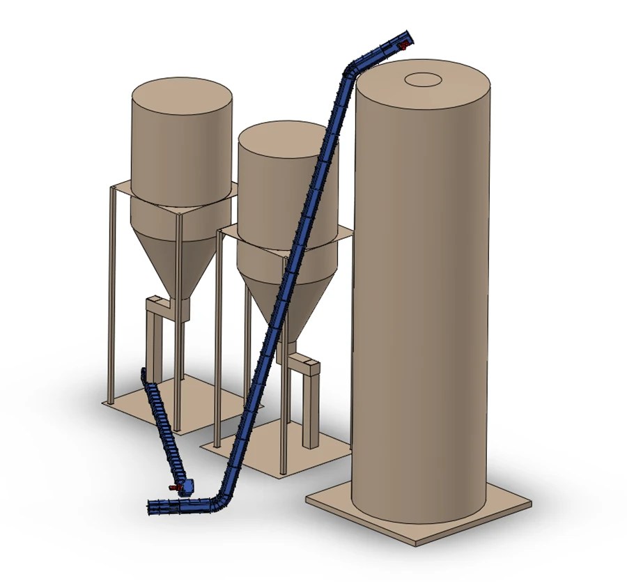 Rendering of conveyors connecting cyclones and a silo.