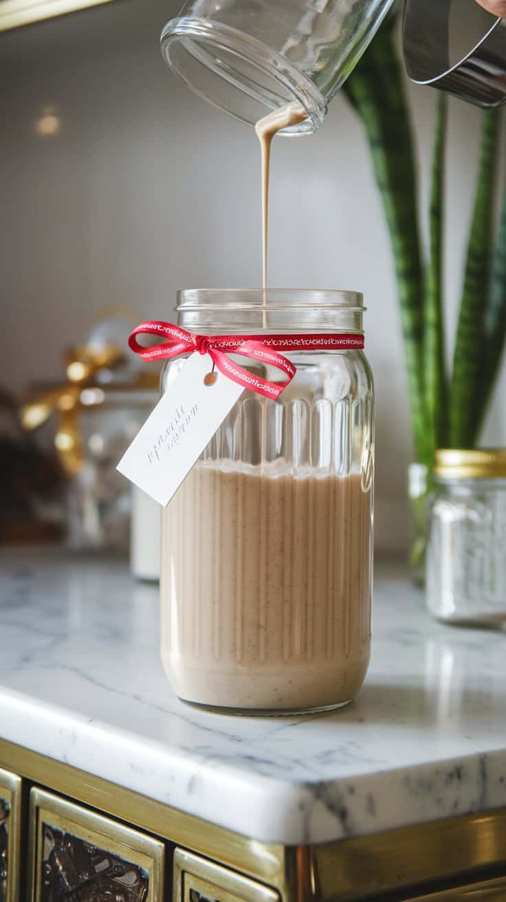 A tall jar being filled with the finished creamer, with a festive ribbon and tag nearby