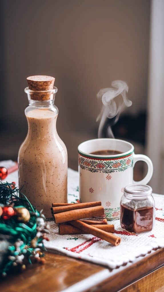Show the finished creamer in a glass bottle with a cork stopper, placed next to a steaming coffee mug