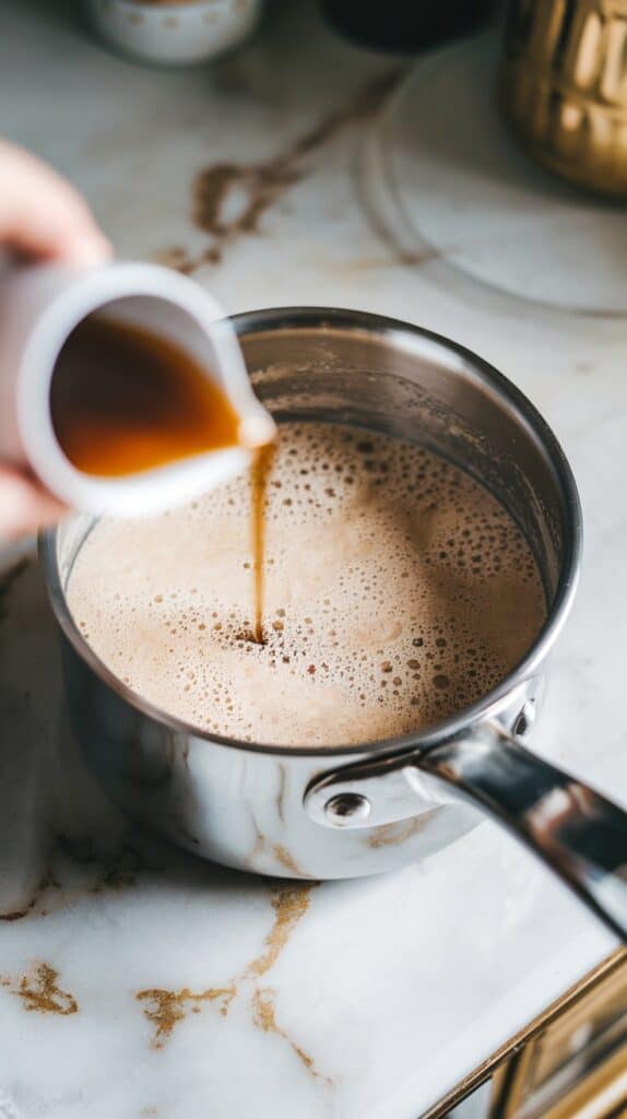 A teaspoon of vanilla extract being poured into the saucepan of liquid cinnamon roll coffee creamer