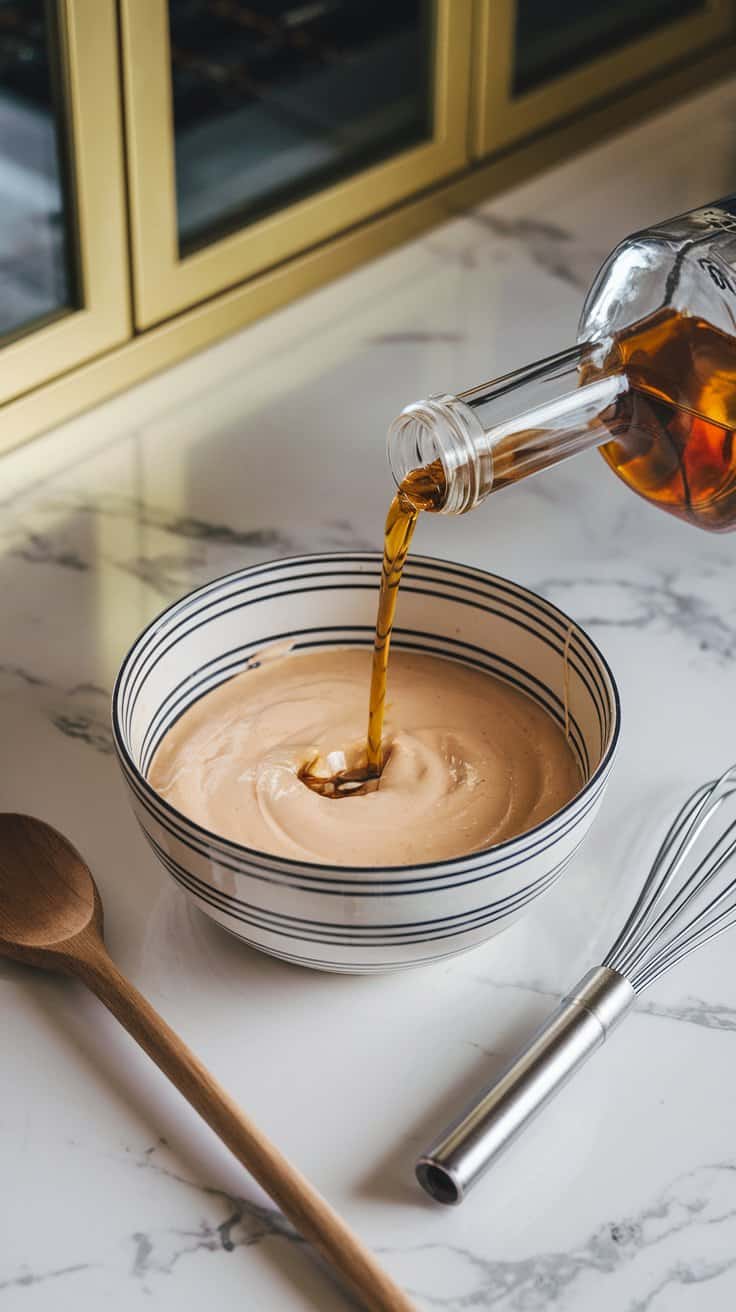 Whiskey being poured into the bowl with the creamy mixture