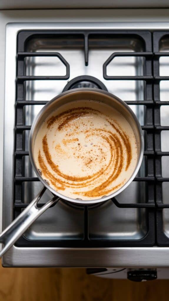 A saucepan with creamy liquid and visible swirls of nutmeg and cinnamon being whisked in