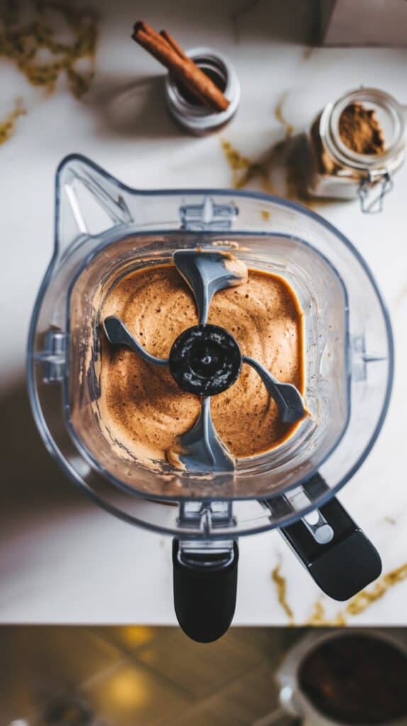blender filled with creamy gingerbread mixture being blended.