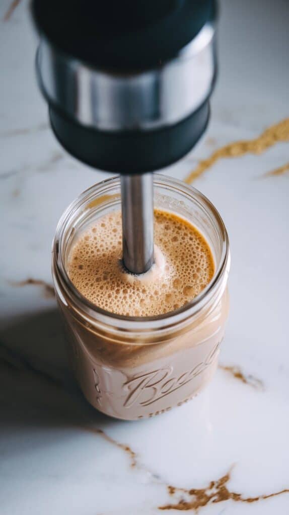 An small immersion blender blending a creamy mixture in a mason jar, creating a thick, frothy texture