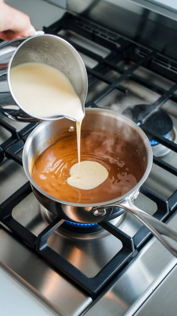 Heavy cream being carefully poured into a saucepan of golden caramel