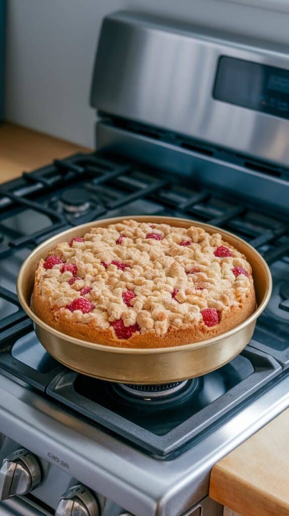 A golden Raspberry Cream Cheese Coffee Cake with Streusel Topping fresh out of the oven in a springform pan