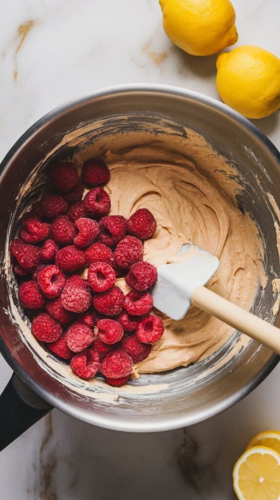 A mixing bowl with creamy cheesecake batter, fresh raspberries being folded in with a spatula, and lemons nearby.