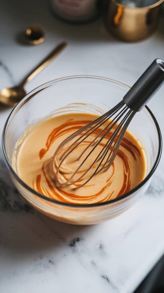 A mixing bowl with eggnog, pumpkin puree, pumpkin spice, and vanilla extract being whisked together