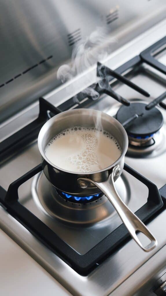 A small saucepan with milk steaming lightly with creating a layer of foam