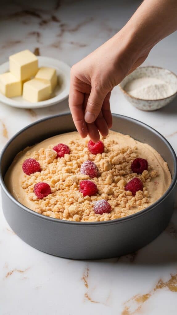A springform pan filled with Raspberry Cream Cheese Coffee Cake batter is visible below, as a hand scatters crumbly streusel topping evenly across the surface
