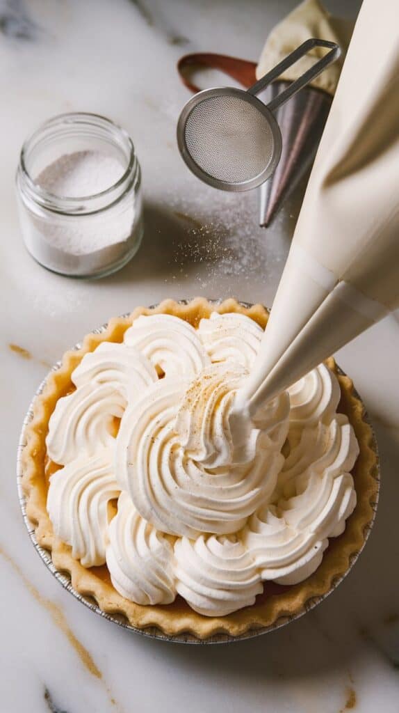 Top-down shot of whipped cream being piped in soft swirls over the pie filling