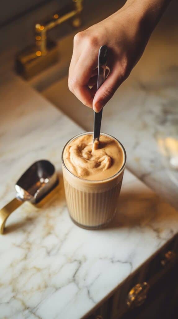 A hand using a spoon to stir a creamy peanut butter coffee mixture in a tall glass