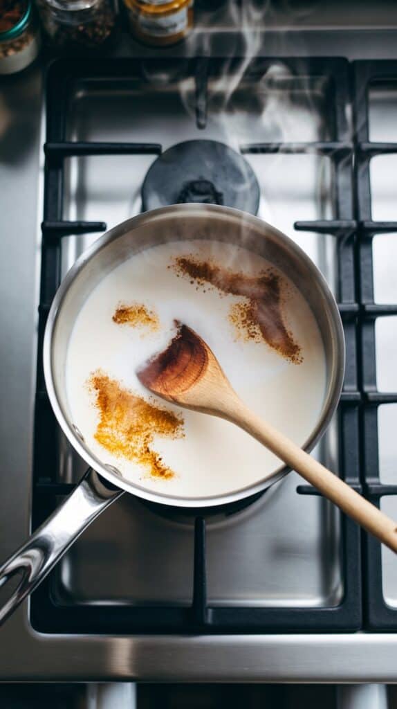 A medium saucepan on a modern stainless steel gas stove, filled with milk, cream, and spices, with steam gently rising