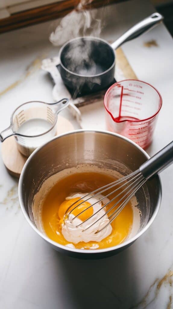 add the warm milk mixture to the egg mixture while whisking constantly