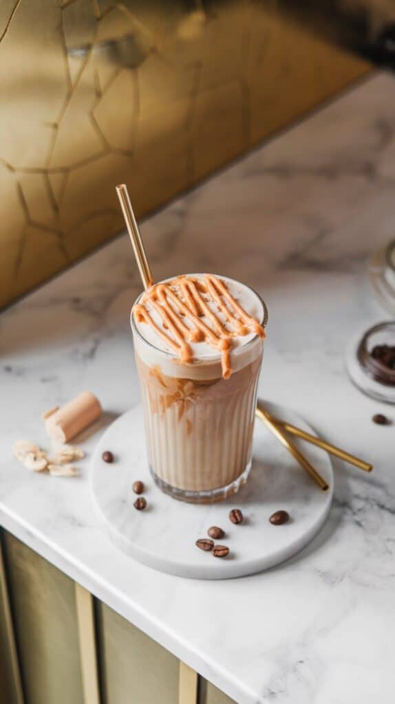 A tall glass filled with iced peanut butter coffee, a drizzle of peanut butter on top