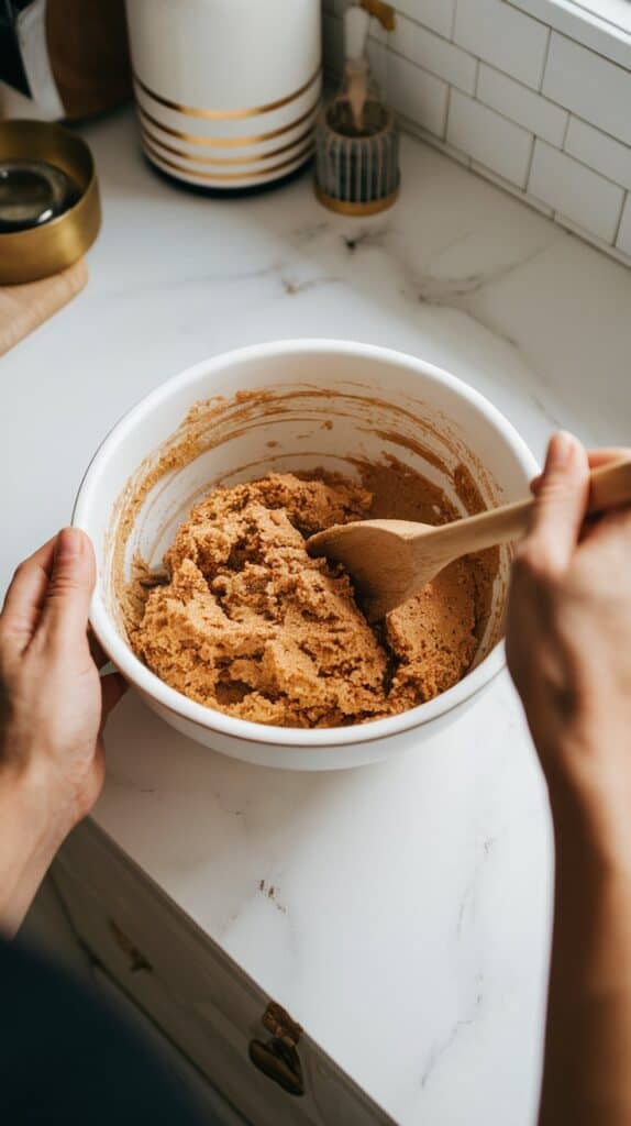 A bowl of keto cookie dough being mixed, with dry ingredients being added into the wet mixture