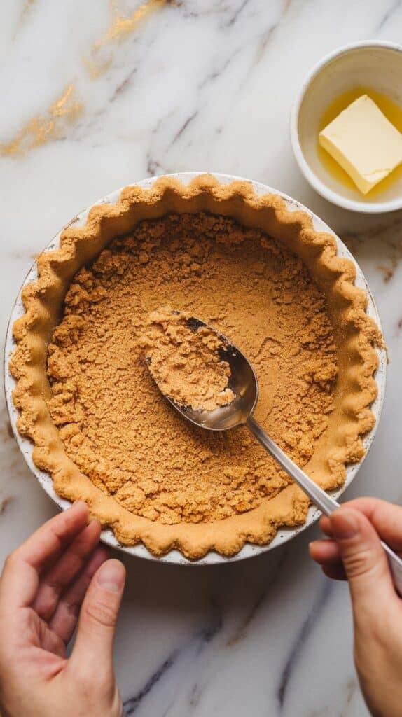 Top-down shot of a graham cracker crust being pressed into a pie dish with a spoon