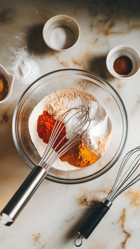 A top-down shot of dry ingredients (flour, spices, baking soda, and salt) whisked together in a mixing bowl