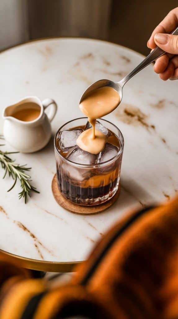 aple cream being poured over a spoon into a cocktail glass filled with ice and dark liqueur layers,