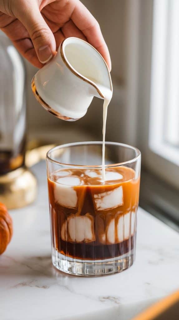 A hand pouring heavy cream from a small pitcher into a rocks glass filled with pumpkin spice, coffee liqueur, and vodka, creating swirls in the drink