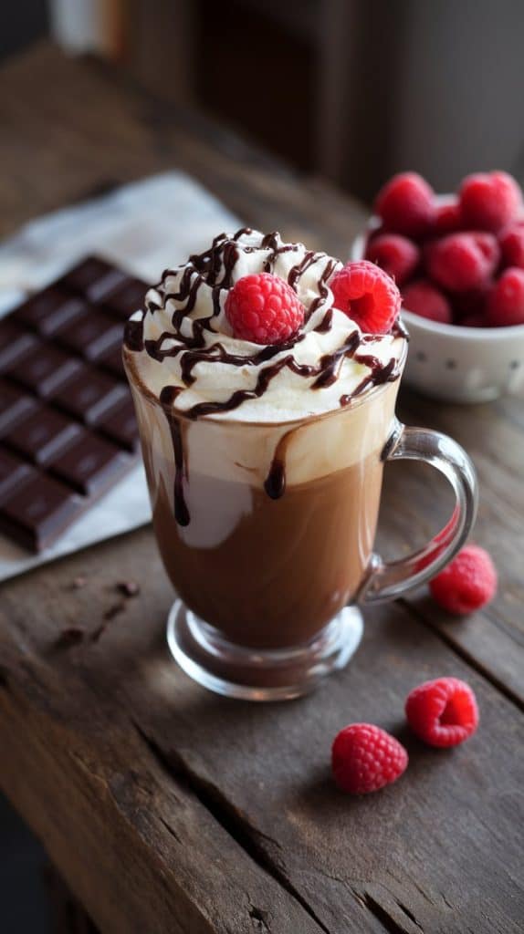 A finished Raspberry Mocha in a tall glass mug, topped with whipped cream, chocolate drizzle, and fresh raspberries, with a bar of chocolate and a bowl of raspberries nearby on a rustic wooden table.