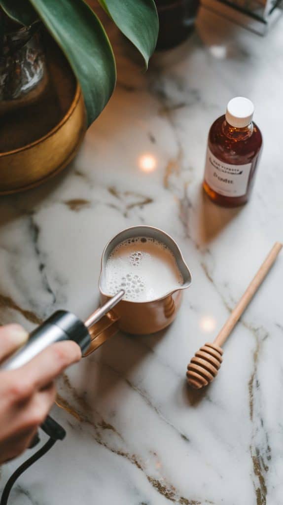 A hand using a handheld frother to froth warm milk in a small pitcher, with a honey dipper and lavender syrup bottle nearby on a marble counter with hints of gold.