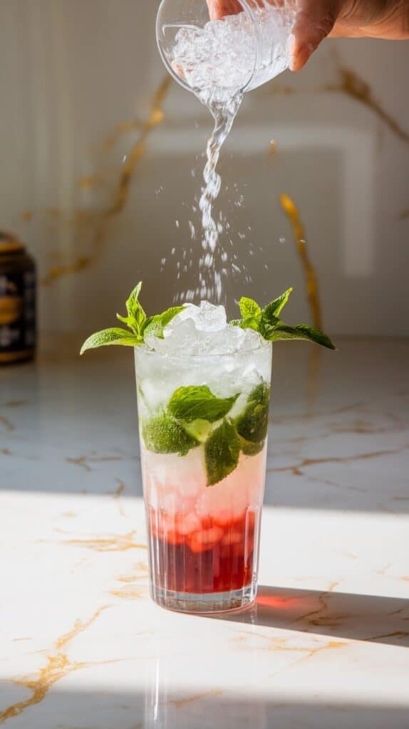 A tall glass being filled with crushed ice and topped with club soda, creating a layered red and clear mojito