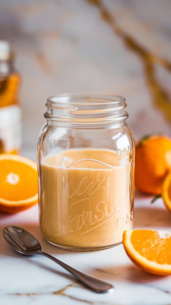 An ultra close-up of an airtight glass jar filled with orange creamsicle creamer, sealed and ready for the fridge