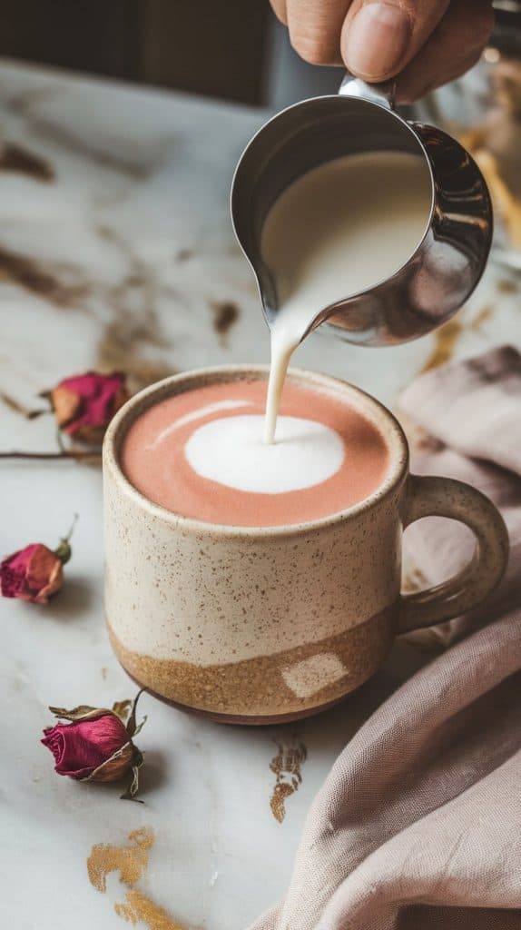 "A creamy Rose Vanilla Latte being poured from a small milk pitcher into a ceramic mug, with foam being spooned on top.
