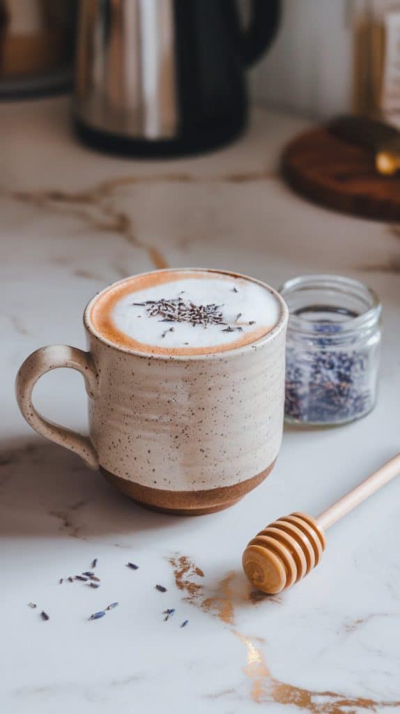 A finished Lavender Latte in a ceramic mug, topped with frothy milk and a sprinkle of dried lavender, with a honey dipper and small jar of lavender nearby.