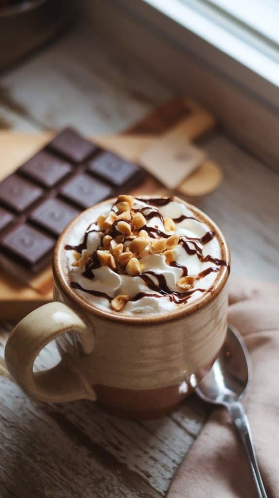 A finished Hazelnut Honey Mocha in a ceramic mug, topped with whipped cream, a drizzle of chocolate syrup, and crushed hazelnuts, with a honey dipper and chocolate bar nearby.