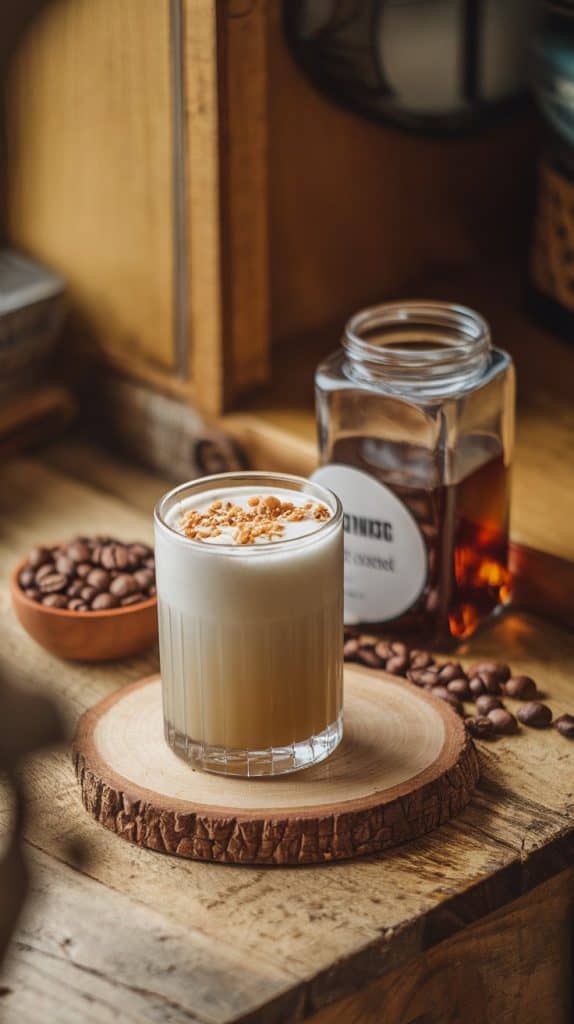 A finished Hazelnut White Russian in a rocks glass, garnished with crushed hazelnuts, set on a rustic wooden table with a jar of hazelnut liqueur and coffee beans nearby.