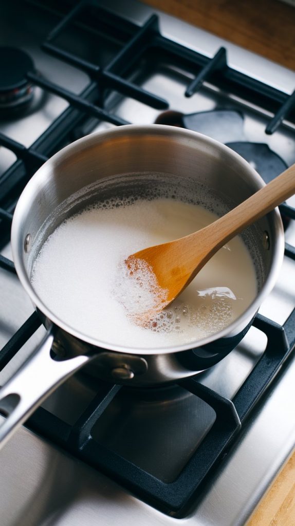In a medium saucepan, combine the sugar and milk. Heat over medium heat, stirring constantly, until the mixture comes to a boil.