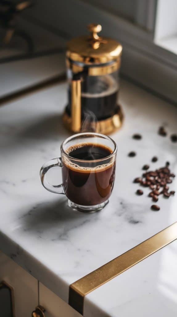A mug of freshly brewed coffee on a wooden table, with steam rising from the dark liquid. A coffee press and scattered coffee beans sit nearby.