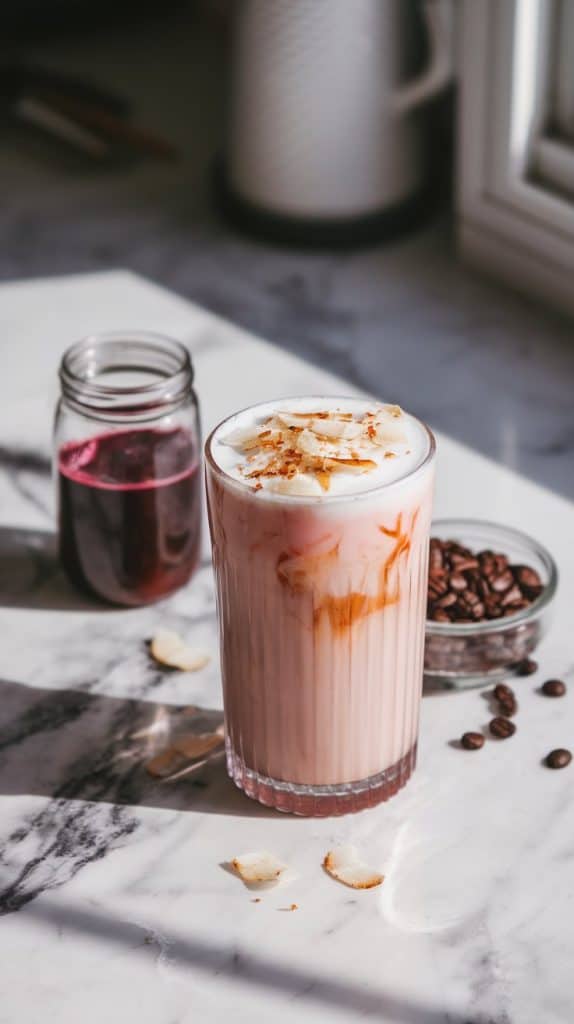 A finished Pink Coconut Iced Latte in a tall glass, topped with toasted coconut flakes, set on a marble counter with a small jar of beet juice and coffee beans nearby.