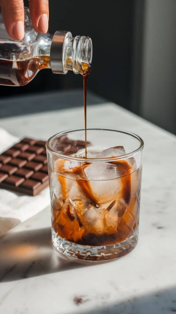 A rocks glass filled with ice as vodka, coffee liqueur, and chocolate syrup are poured in, with a napkin and a bar of chocolate nearby on a white marble counter.