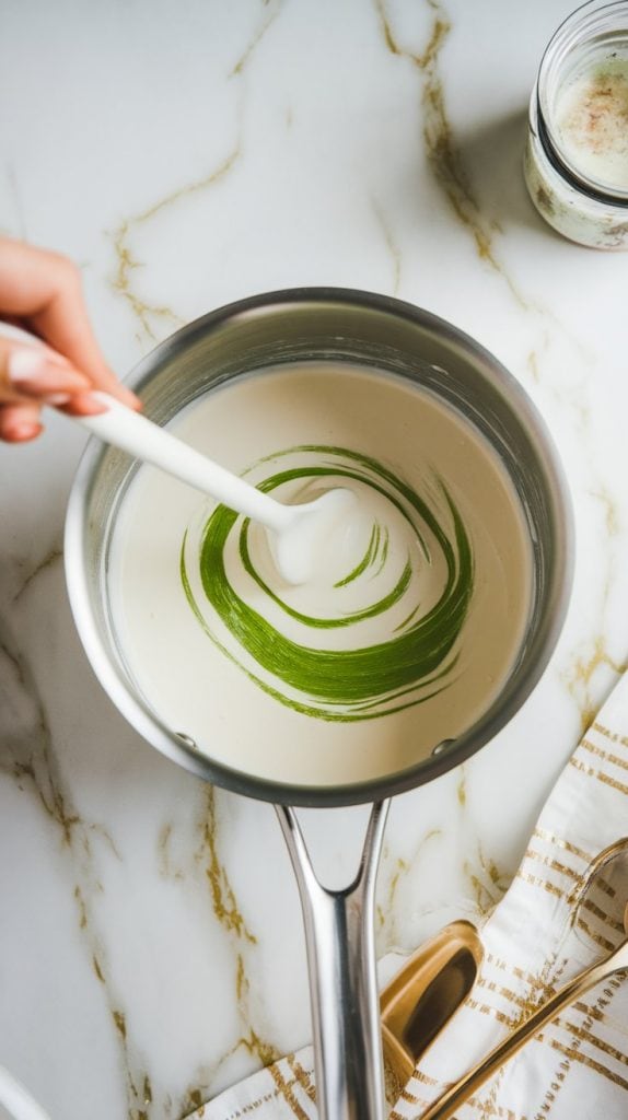 A saucepan off the heat with white chocolate chips, sweetened condensed milk, peppermint extract, and green food coloring being stirred together into a creamy mint mixture.