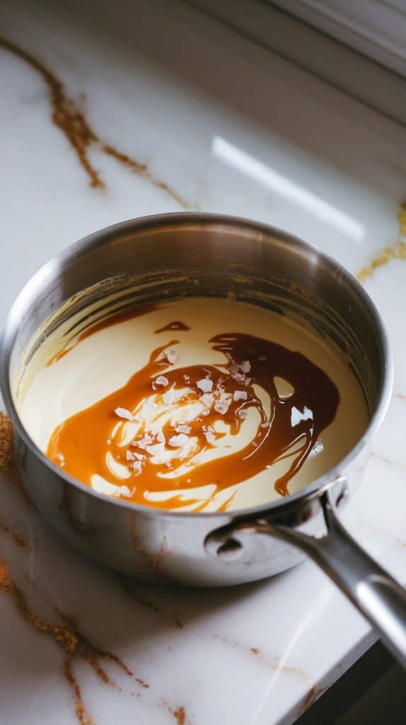 A saucepan off the heat with smooth melted white chocolate fudge mixture being mixed with caramel sauce, vanilla extract, and flaky sea salt.