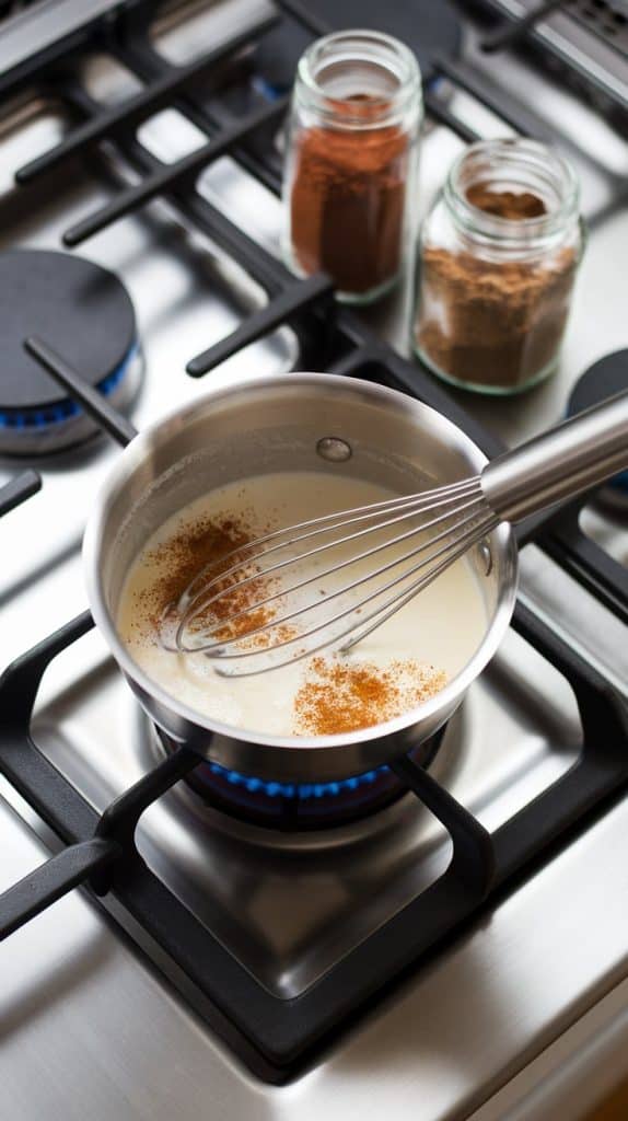 A small saucepan on a fired modern stainless steel gas stove, filled with cream, milk, and spices being whisked together