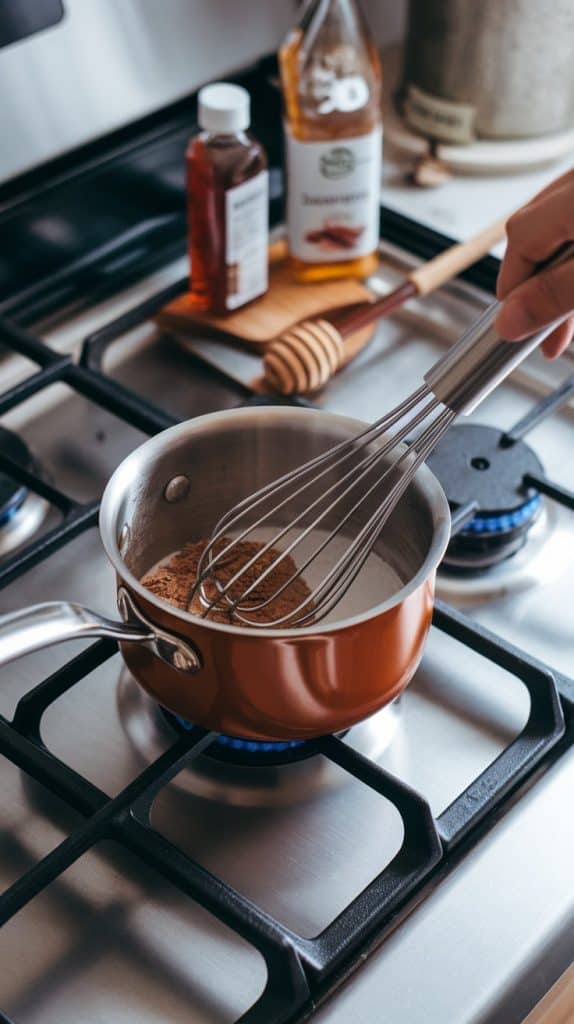 A small saucepan on a stovetop with hazelnut syrup, honey, and cocoa powder being mixed with a whisk, with bottles of syrup and a honey dipper nearby.
