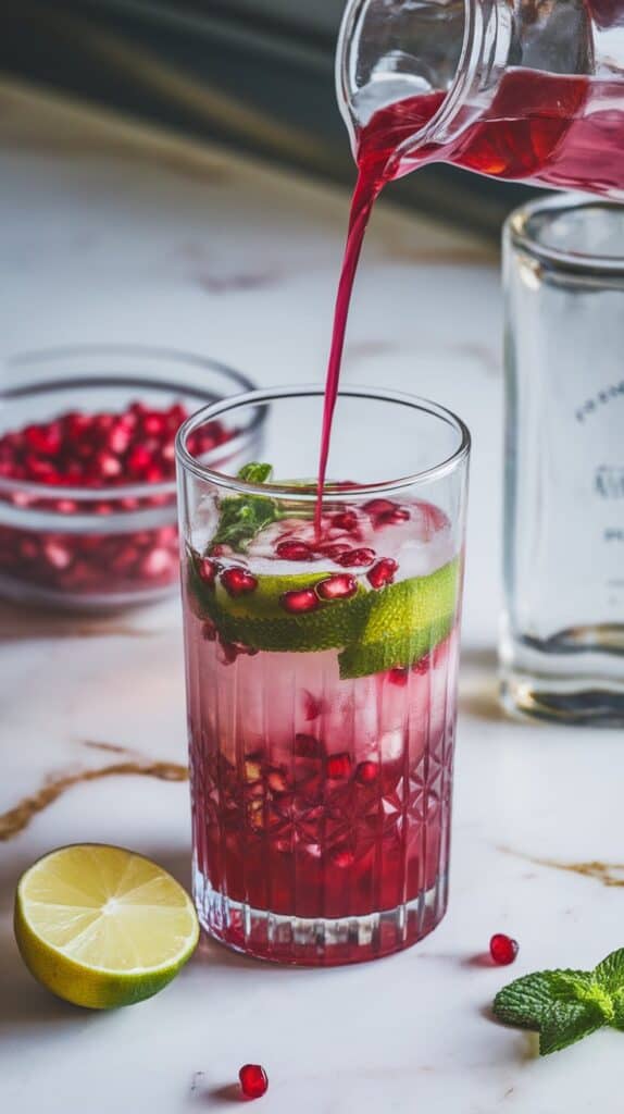 A tall glass with pomegranate juice being poured over muddled mint and lime, with a shot of white rum nearby.