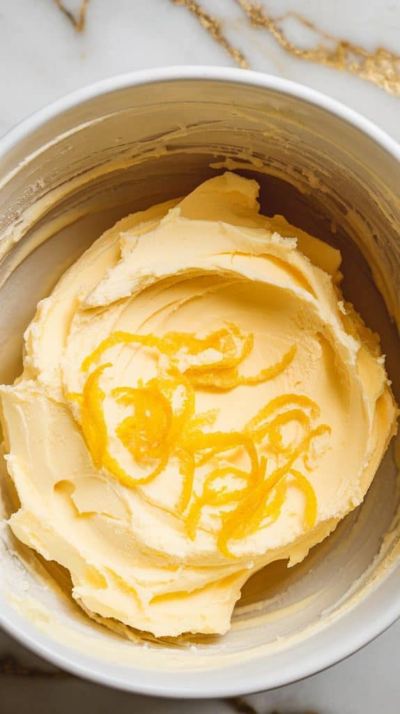 Ultra close-up of creamed butter, sugar, and lemon zest in a mixing bowl