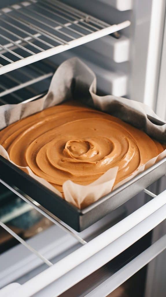 An 8x8 pan of peanut butter fudge resting in a modern stainless steel fridge, lined with parchment paper