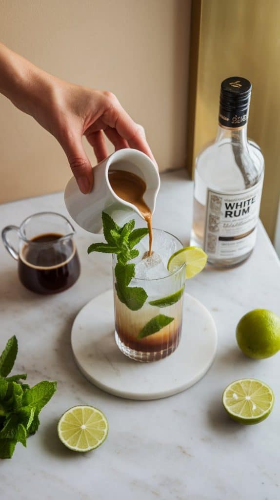 A tall glass being filled with ice cubes over a mint and lime mixture, with coffee beans and fresh mint leaves nearby.